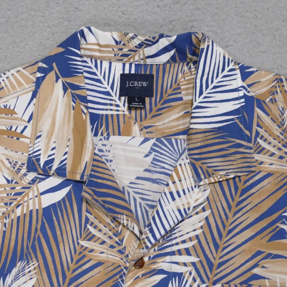 J Crew Floral Button Shirt Mens Large Blue Brown Short Sleeve Camp Shirt